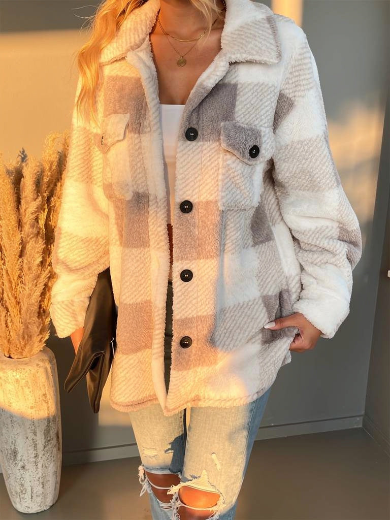 Rosie Plaid Fleece Jacket with Button Front and Relaxed Fit