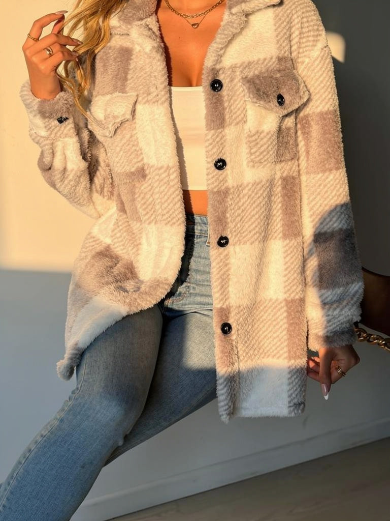 Rosie Plaid Fleece Jacket with Button Front and Relaxed Fit