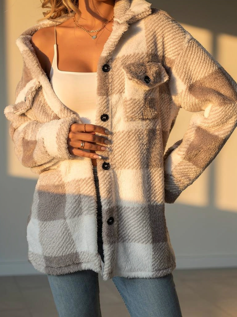 Rosie Plaid Fleece Jacket with Button Front and Relaxed Fit