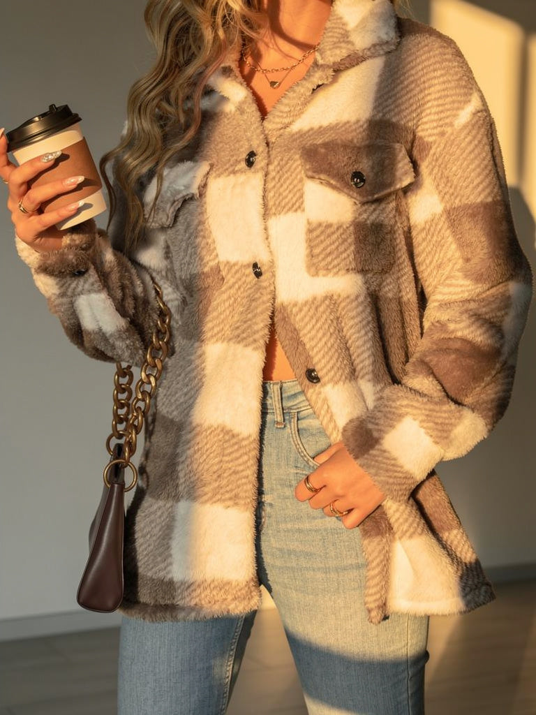 Rosie Plaid Fleece Jacket with Button Front and Relaxed Fit