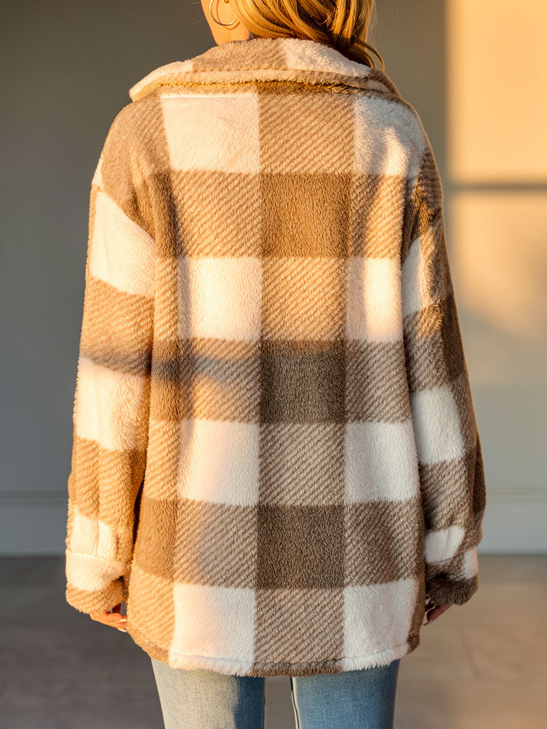 Rosie Plaid Fleece Jacket with Button Front and Relaxed Fit
