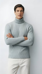 Men's Ribbed Knit Slim Fit Turtleneck Sweater - Wool Blend Pullover for Smart-Casual & Winter Wear