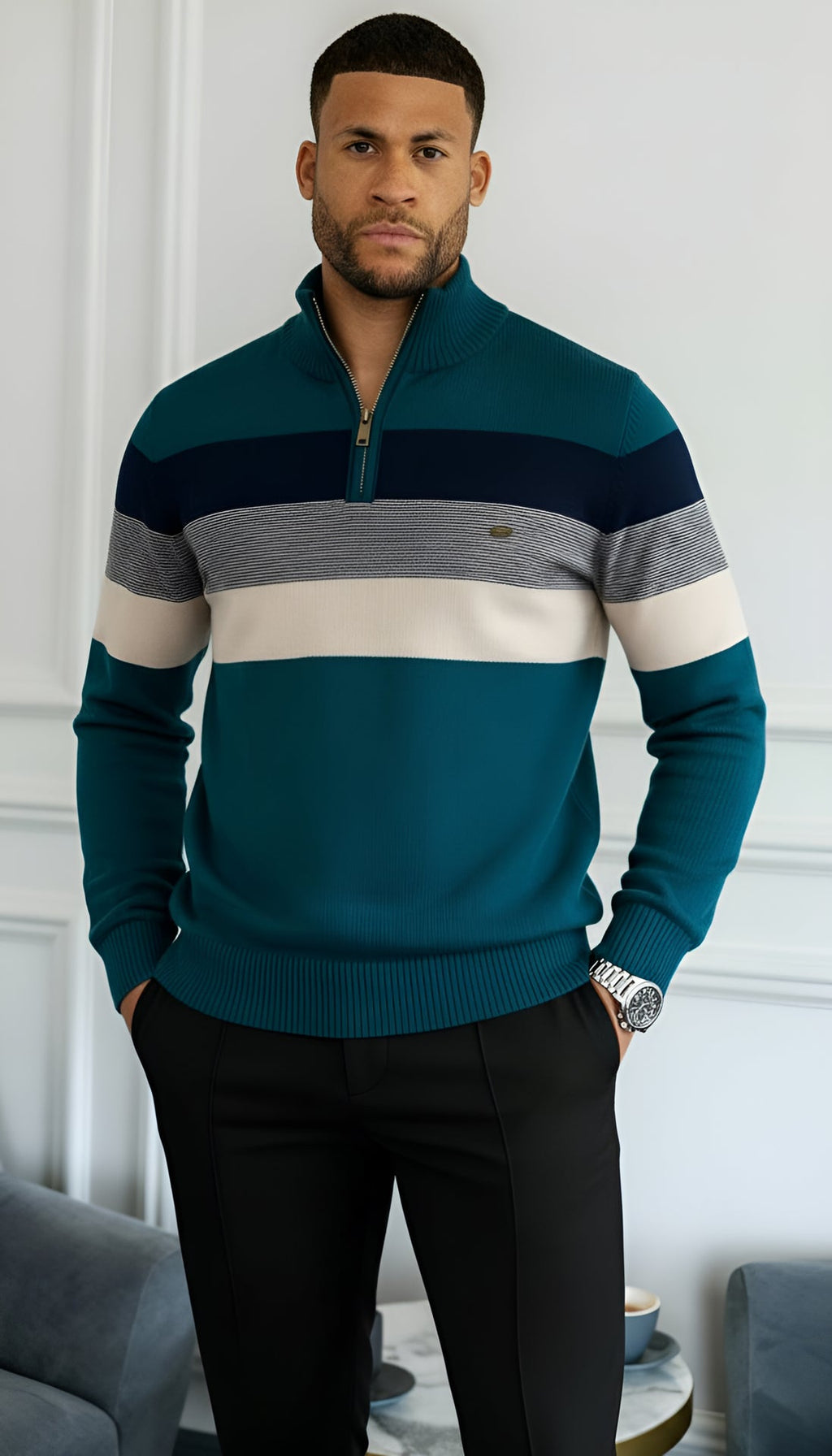 Men’s Striped Quarter-Zip Jumper with Stand Collar – Stylish Knitwear
