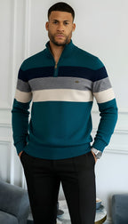 Men’s Striped Quarter-Zip Jumper with Stand Collar – Stylish Knitwear