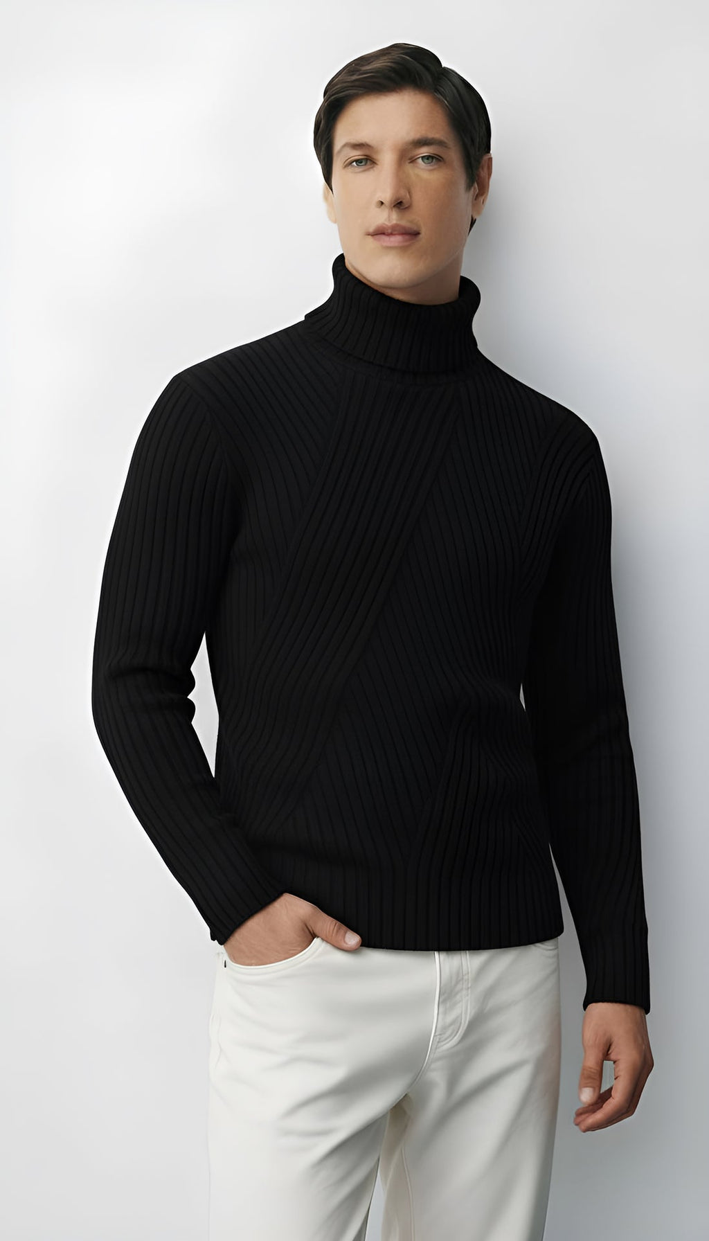 Men's Ribbed Knit Slim Fit Turtleneck Sweater - Wool Blend Pullover for Smart-Casual & Winter Wear