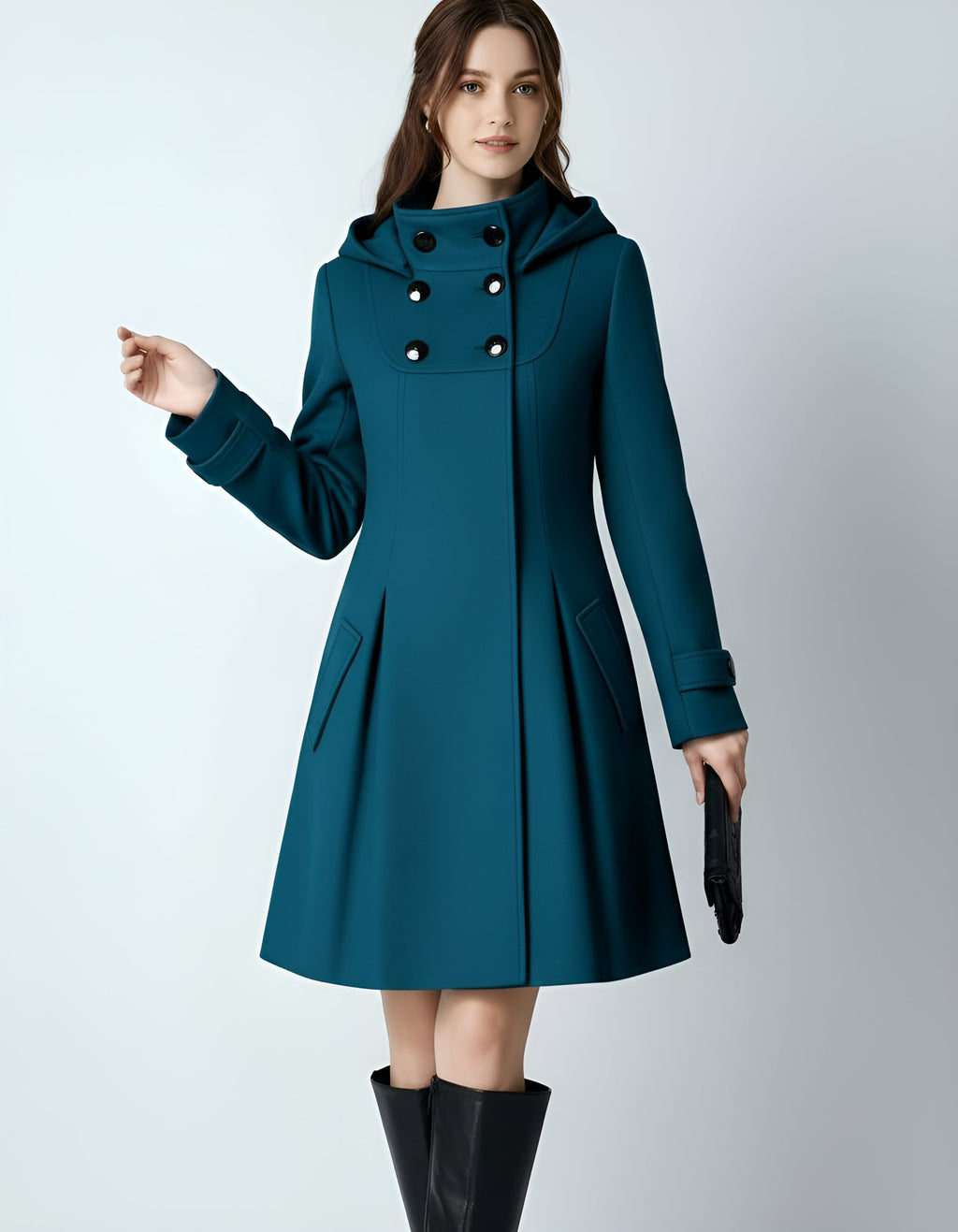 Women’s Hooded Winter Coat – Double-Breasted Trench Design with Flared Silhouette