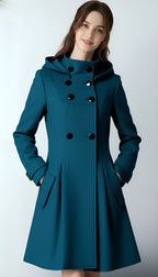 Women’s Hooded Winter Coat – Double-Breasted Trench Design with Flared Silhouette