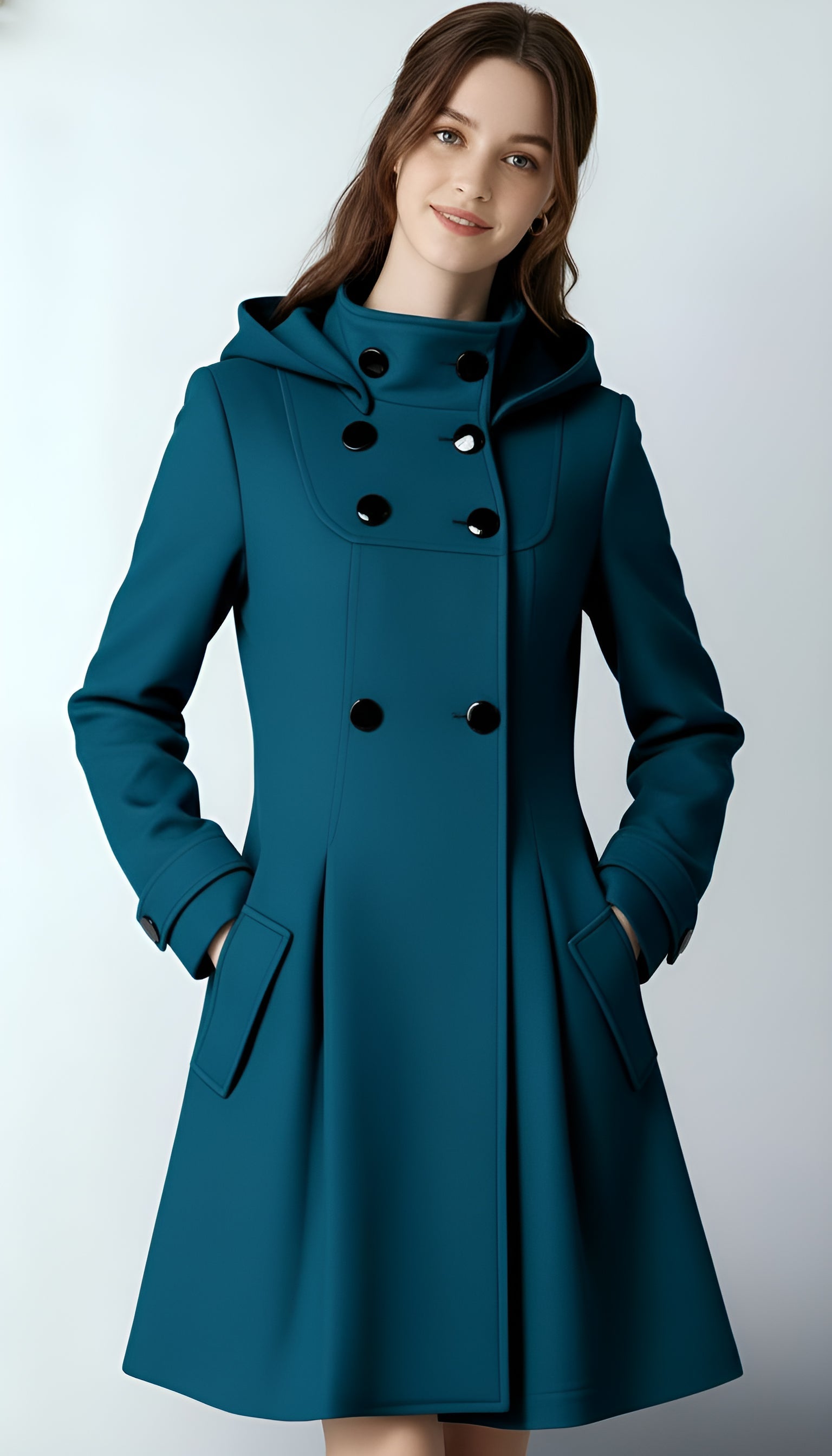 Women’s Hooded Winter Coat – Double-Breasted Trench Design with Flared Silhouette