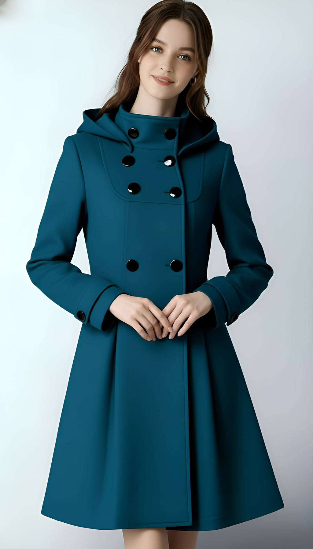Women’s Hooded Winter Coat – Double-Breasted Trench Design with Flared Silhouette