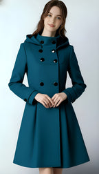 Women’s Hooded Winter Coat – Double-Breasted Trench Design with Flared Silhouette