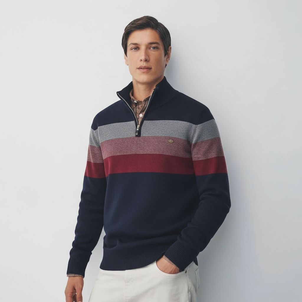 Men’s Striped Quarter-Zip Jumper with Stand Collar – Stylish Knitwear