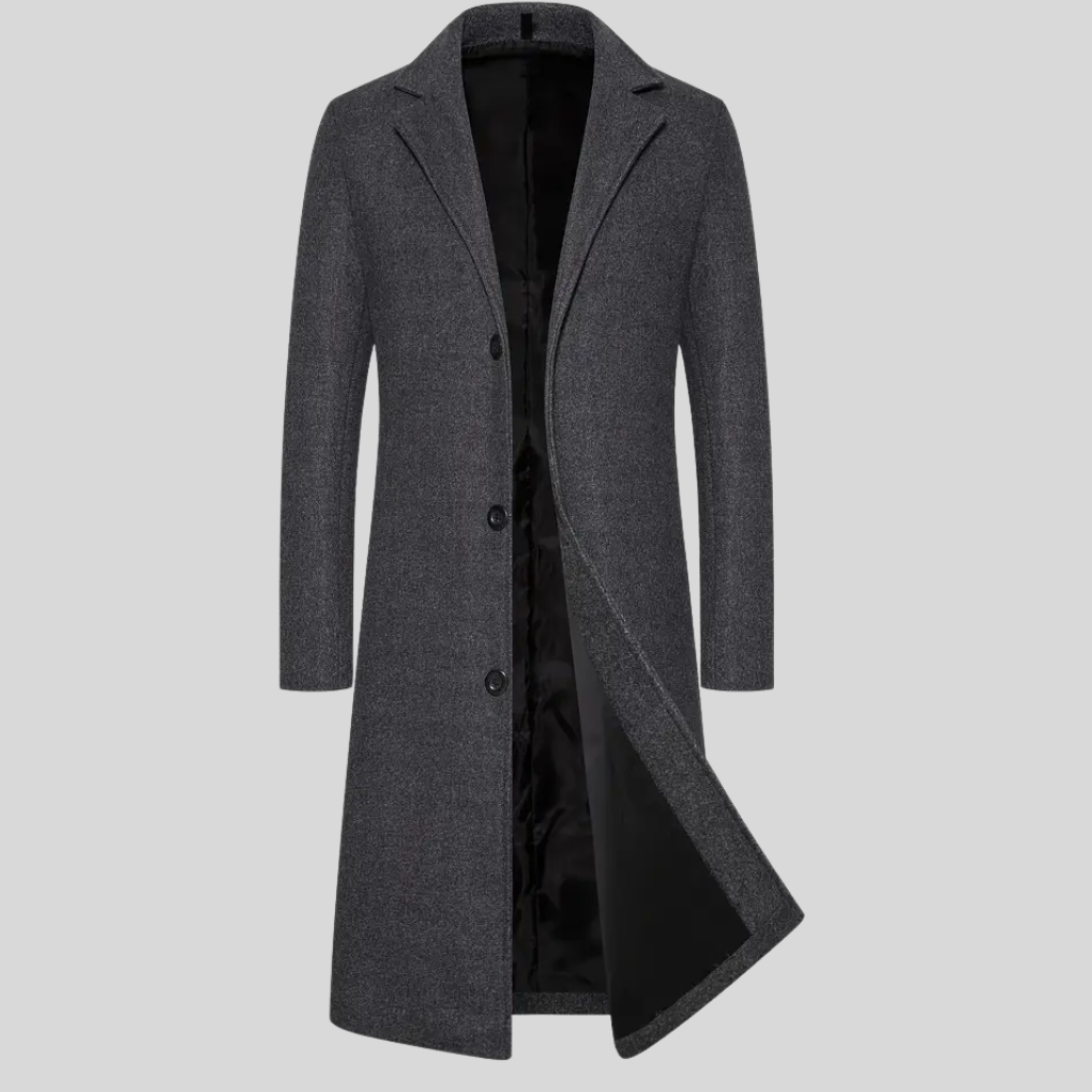 Men’s Formal Long Overcoat  - Structured Winter Coat with Button Front Design