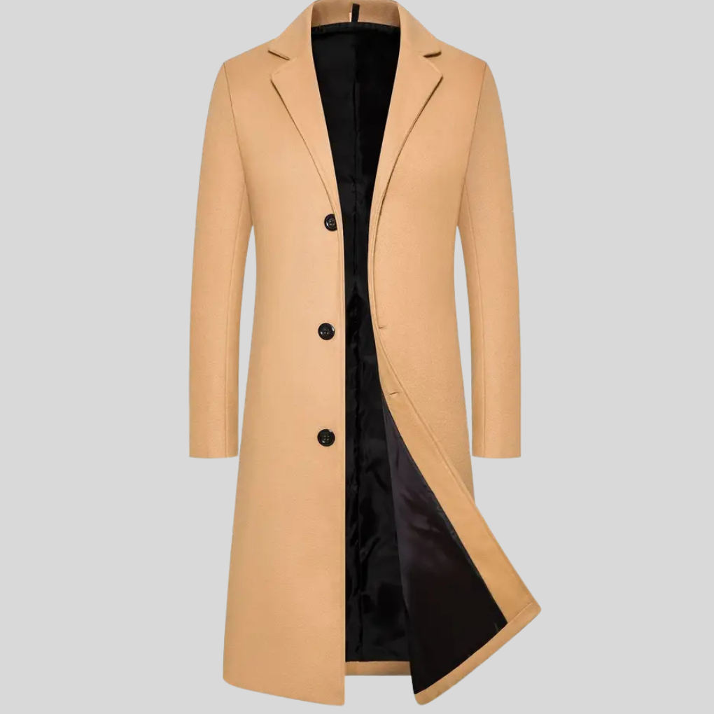 Men’s Formal Long Overcoat  - Structured Winter Coat with Button Front Design