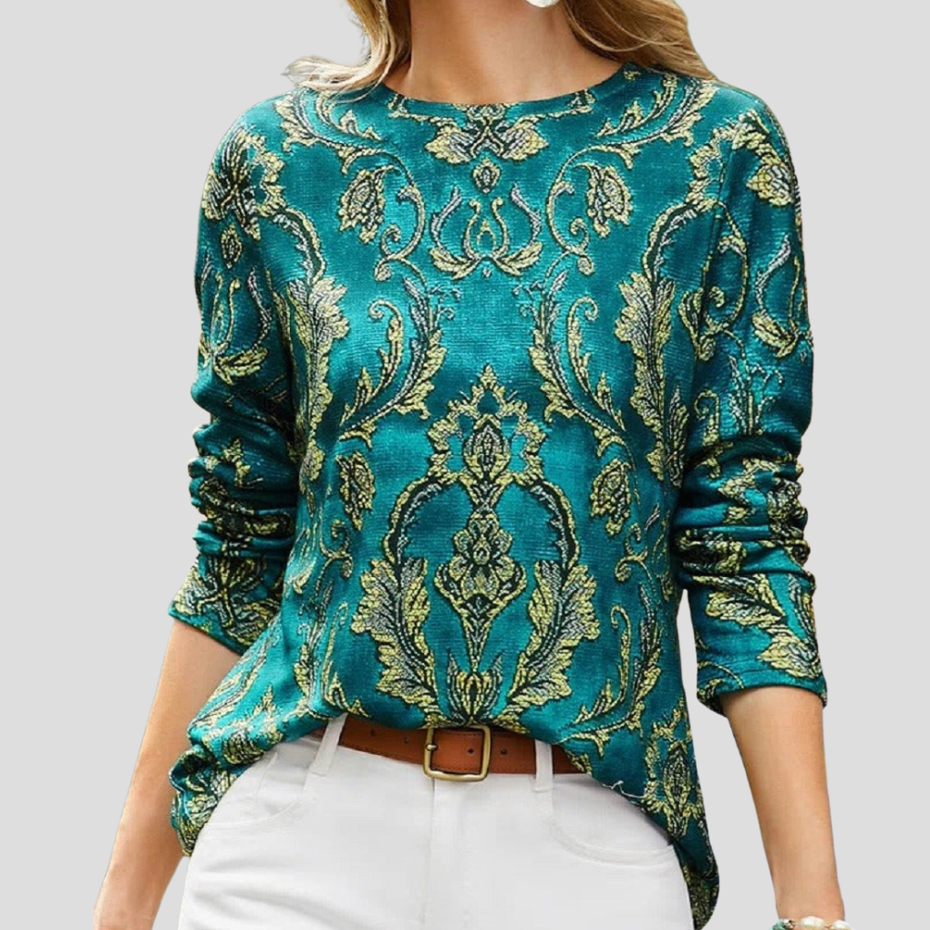 Louisa Women’s Round-Neck Printed Long-Sleeve Blouse - Green