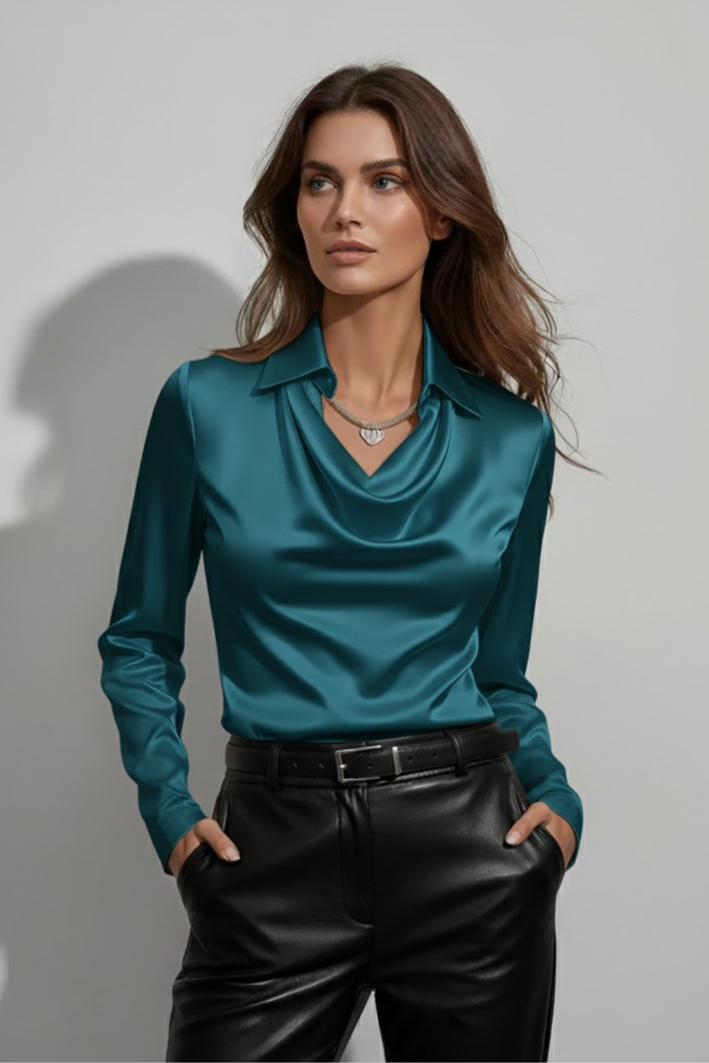 Women’s Satin Draped Cowl Neck Blouse – Elegant Long Sleeve Shirt