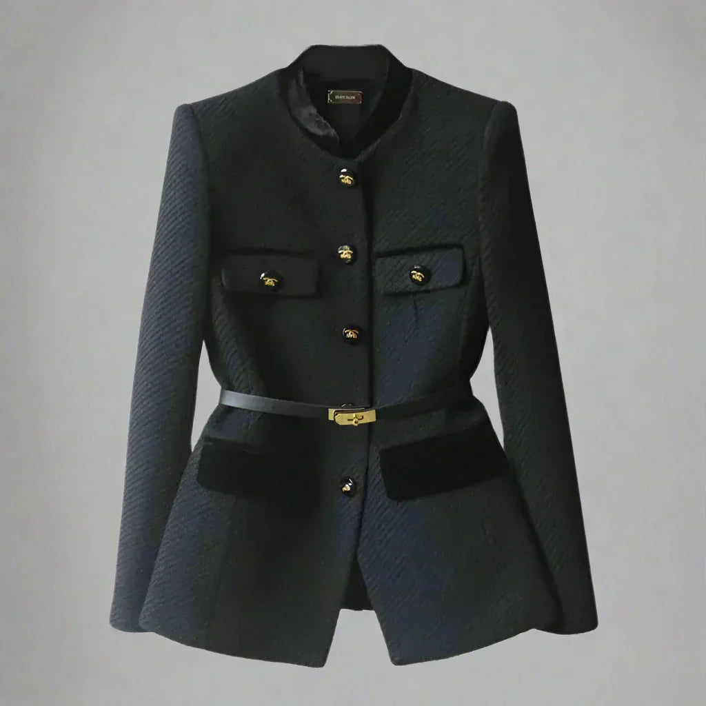 Women’s Structured Wool Blend Blazer – Button Front Tailored Jacket with Contrast Trim & Belt Detail