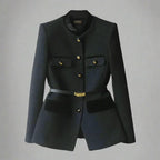 Women’s Structured Wool Blend Blazer – Button Front Tailored Jacket with Contrast Trim & Belt Detail