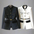 Women’s Structured Wool Blend Blazer – Button Front Tailored Jacket with Contrast Trim & Belt Detail