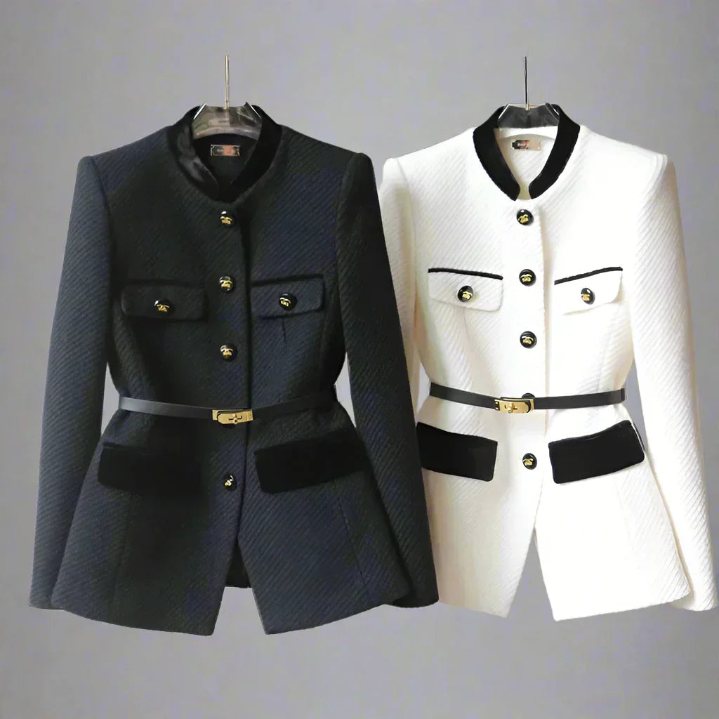 Women’s Structured Wool Blend Blazer – Button Front Tailored Jacket with Contrast Trim & Belt Detail