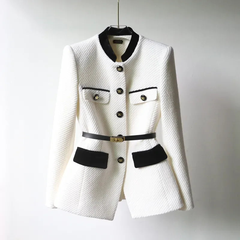 Women’s Structured Wool Blend Blazer – Button Front Tailored Jacket with Contrast Trim & Belt Detail