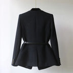Women’s Structured Wool Blend Blazer – Button Front Tailored Jacket with Contrast Trim & Belt Detail