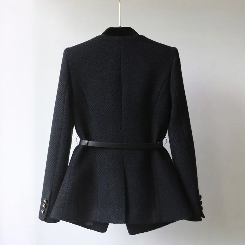 Women’s Structured Wool Blend Blazer – Button Front Tailored Jacket with Contrast Trim & Belt Detail