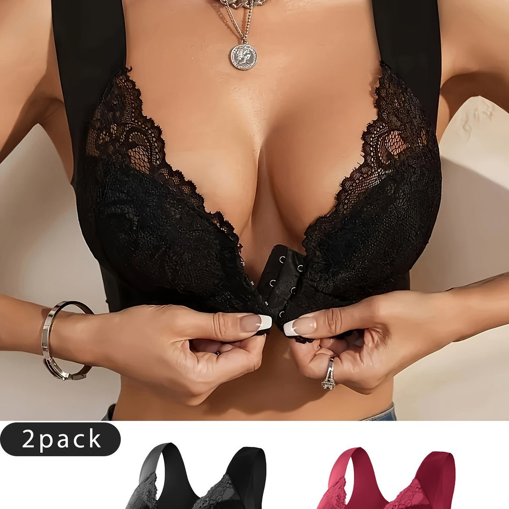 2 Pack Women’s Front Closure Bras with Lace Detail and Wide Straps