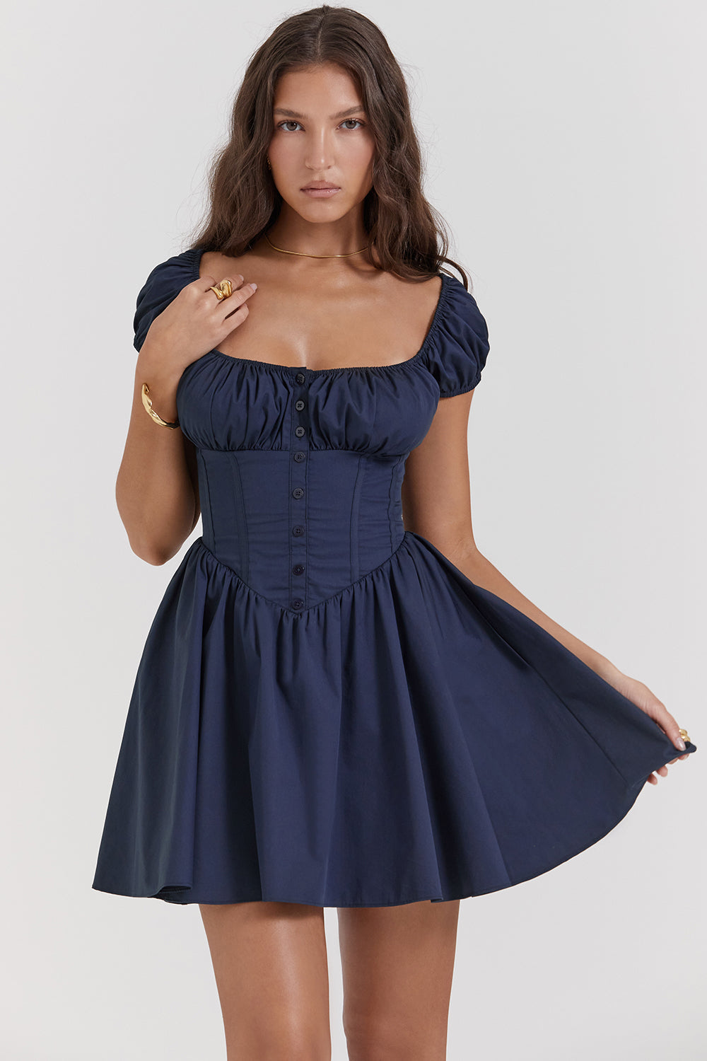 Maya | Nala French Navy Gathered Mini Dress , Dinner or Evening Attire - Dark Blue