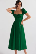 Emma | Lace-up Mid Waist Maxi Dress - Dinner Attire, Puff Sleeve Slit