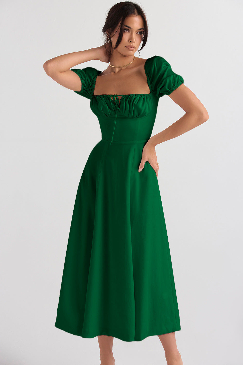 Emma | Lace-up Mid Waist Maxi Dress - Dinner Attire, Puff Sleeve Slit