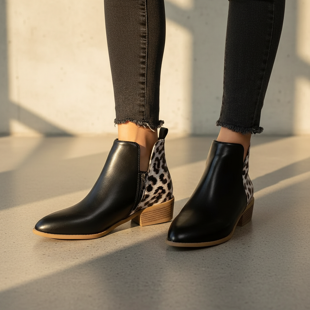 Women's Ankle Boots - Pointed Toe, Low Block Heel, Trendy Design with Zipper Closure