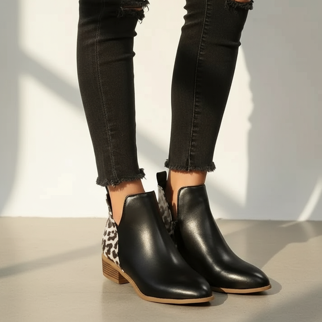 Women's Ankle Boots - Pointed Toe, Low Block Heel, Trendy Design with Zipper Closure