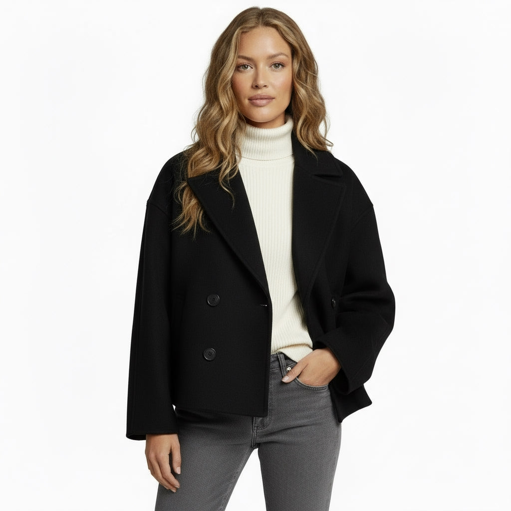 Women’s Short Double-Breasted Winter Jacket – Cropped Coat with Wide Lapels & Structured Fit