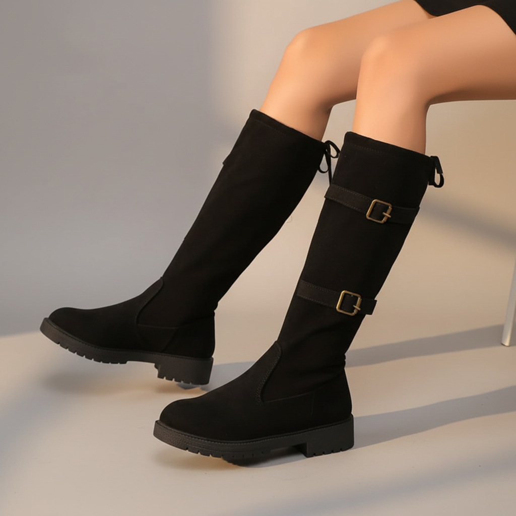 Women’s Black Knee High Boots with Low Heel - Classic Silhouette for Everyday Elegance