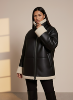 Women’s Sheepskin Jacket - Oversized Fit - Faux Fur Lining - Reversible Cuffs - Zipper Closure