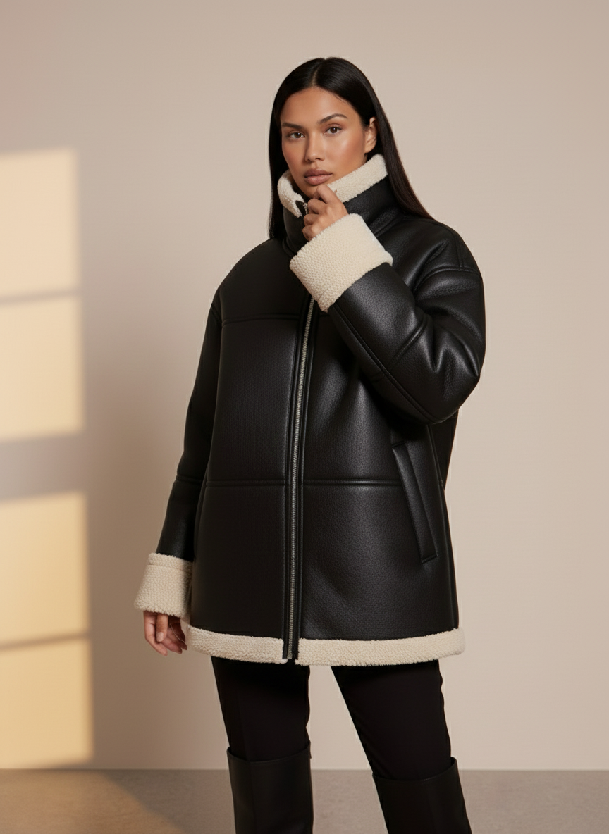 Women’s Sheepskin Jacket - Oversized Fit - Faux Fur Lining - Reversible Cuffs - Zipper Closure