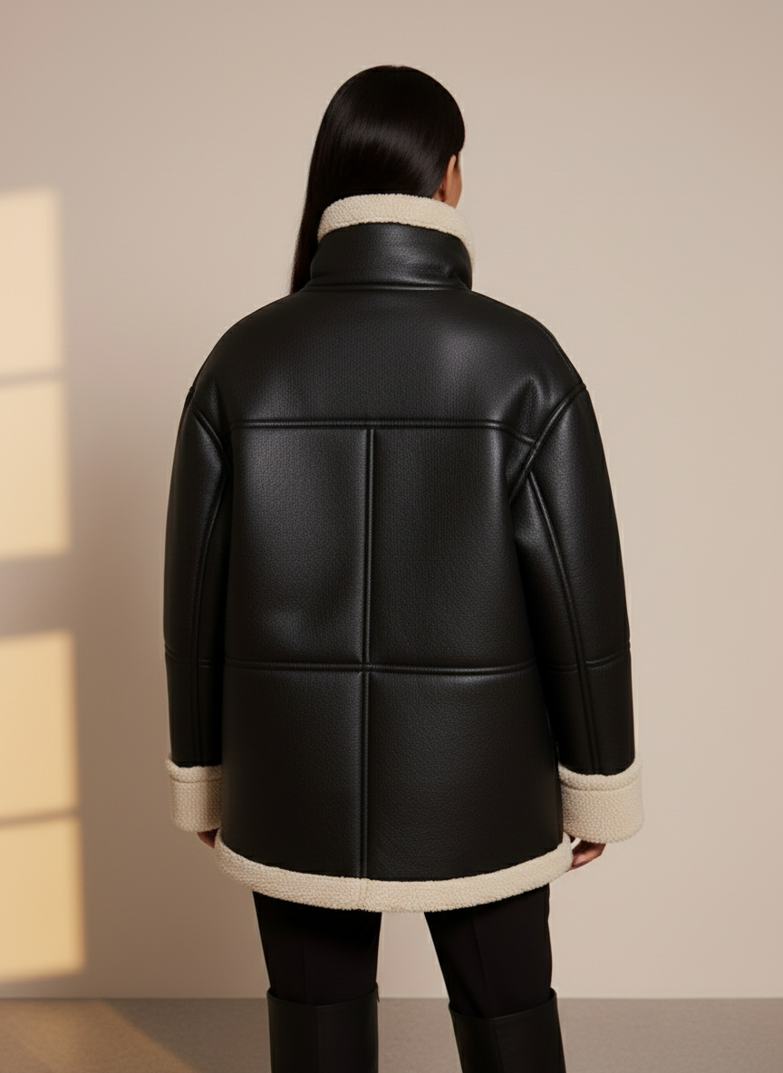 Women’s Sheepskin Jacket - Oversized Fit - Faux Fur Lining - Reversible Cuffs - Zipper Closure