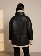 Women’s Sheepskin Jacket - Oversized Fit - Faux Fur Lining - Reversible Cuffs - Zipper Closure
