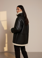 Women’s Sheepskin Jacket - Oversized Fit - Faux Fur Lining - Reversible Cuffs - Zipper Closure