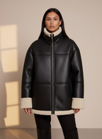 Women’s Sheepskin Jacket - Oversized Fit - Faux Fur Lining - Reversible Cuffs - Zipper Closure