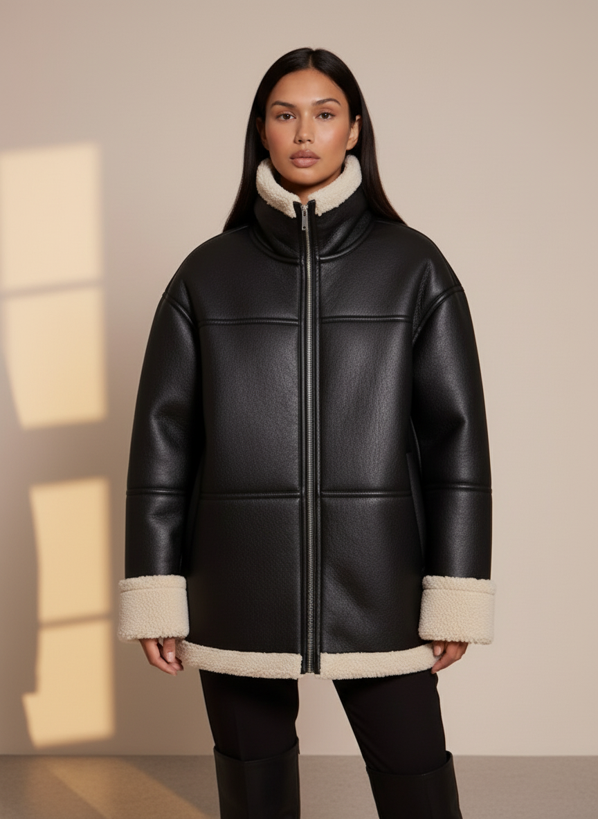 Women’s Sheepskin Jacket - Oversized Fit - Faux Fur Lining - Reversible Cuffs - Zipper Closure