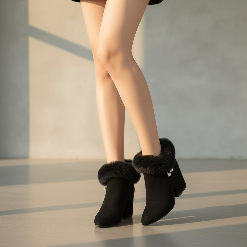 Eva - Stylish Faux Fur-Lined Ankle Boots with Chunky Heel and Tassel Zipper