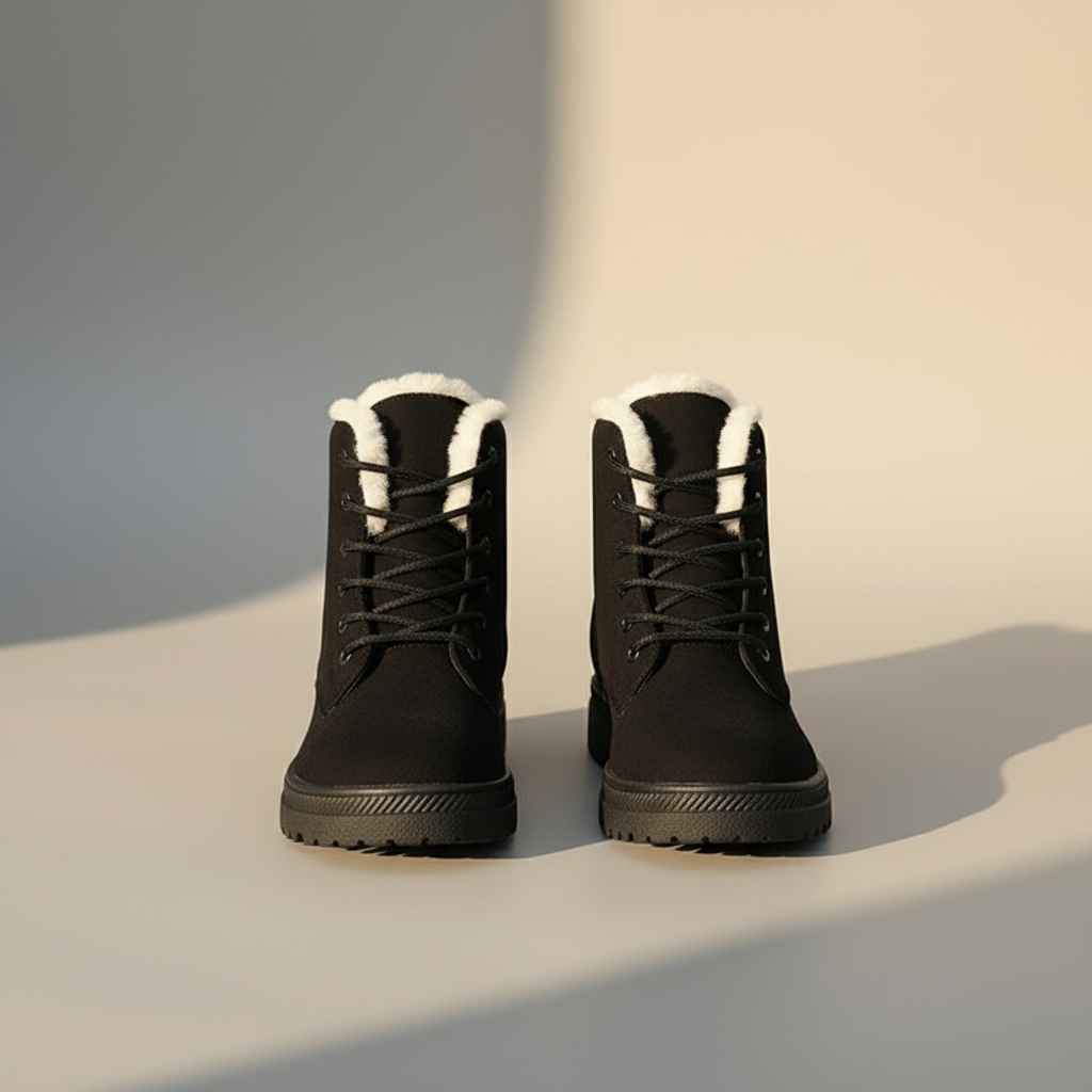 Women’s Lace-Up Boots - Suede Look - Faux Fur Lining - Flat Sole Comfort