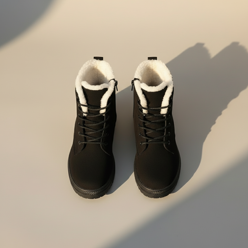 Women’s Lace-Up Boots - Suede Look - Faux Fur Lining - Flat Sole Comfort