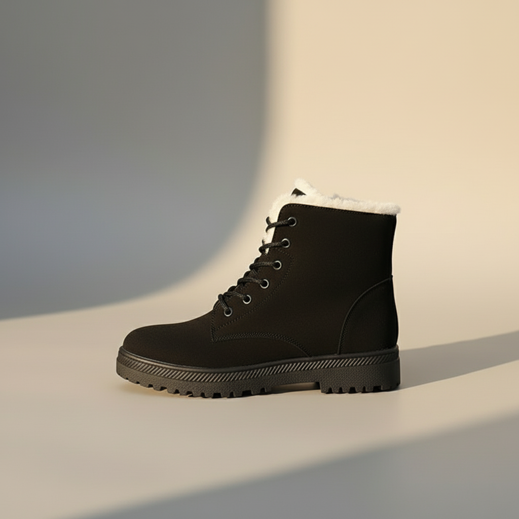 Women’s Lace-Up Boots - Suede Look - Faux Fur Lining - Flat Sole Comfort