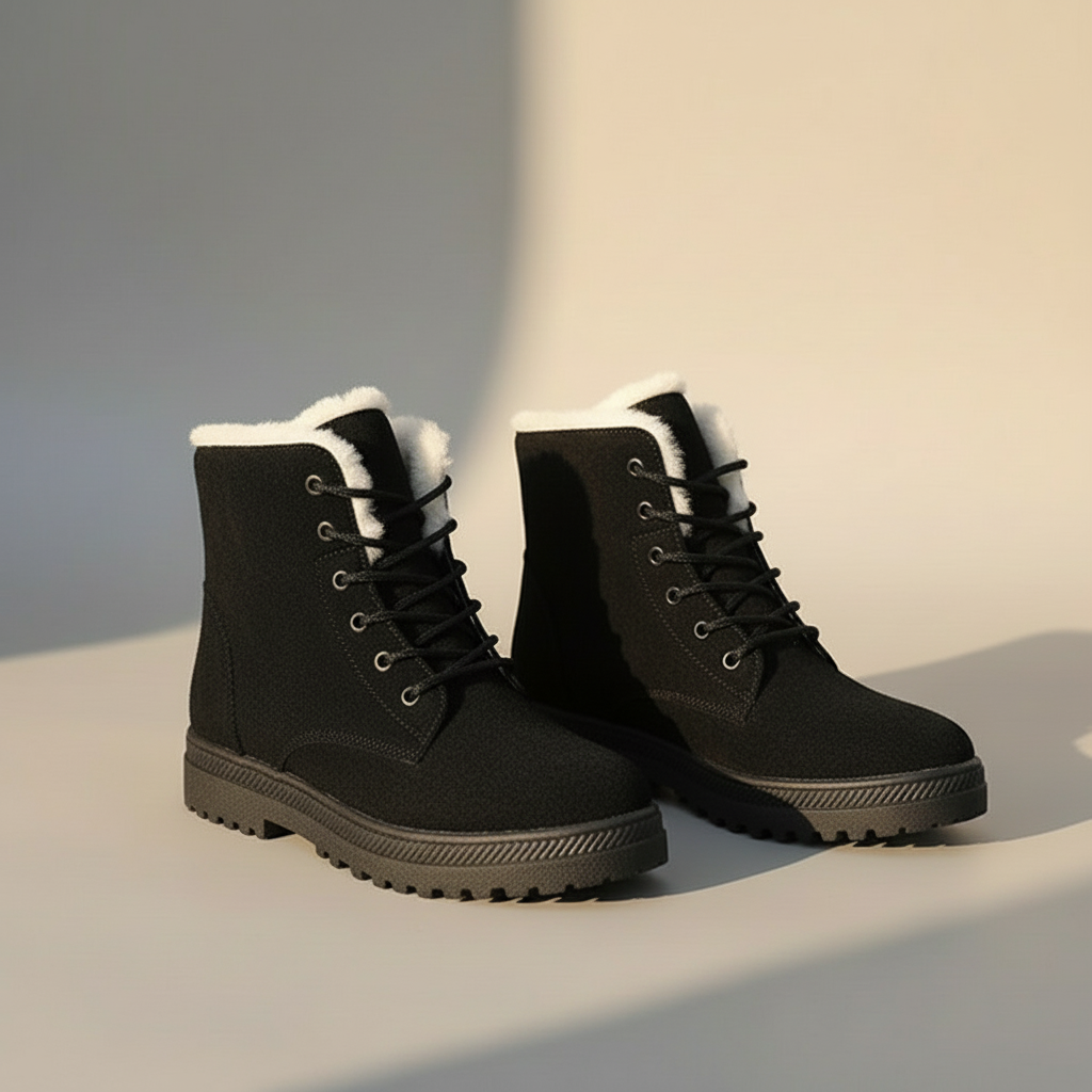 Women’s Lace-Up Boots - Suede Look - Faux Fur Lining - Flat Sole Comfort