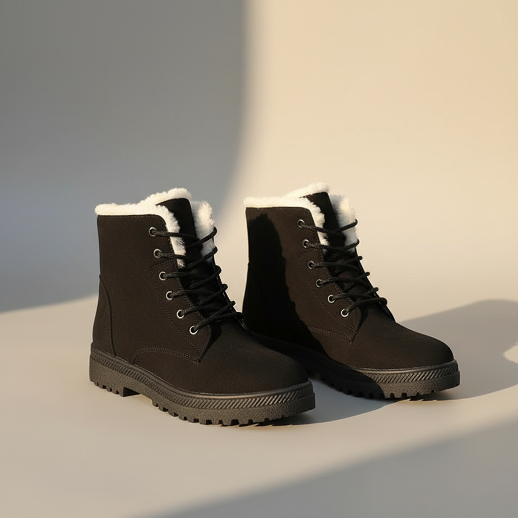 Women’s Lace-Up Boots - Suede Look - Faux Fur Lining - Flat Sole Comfort