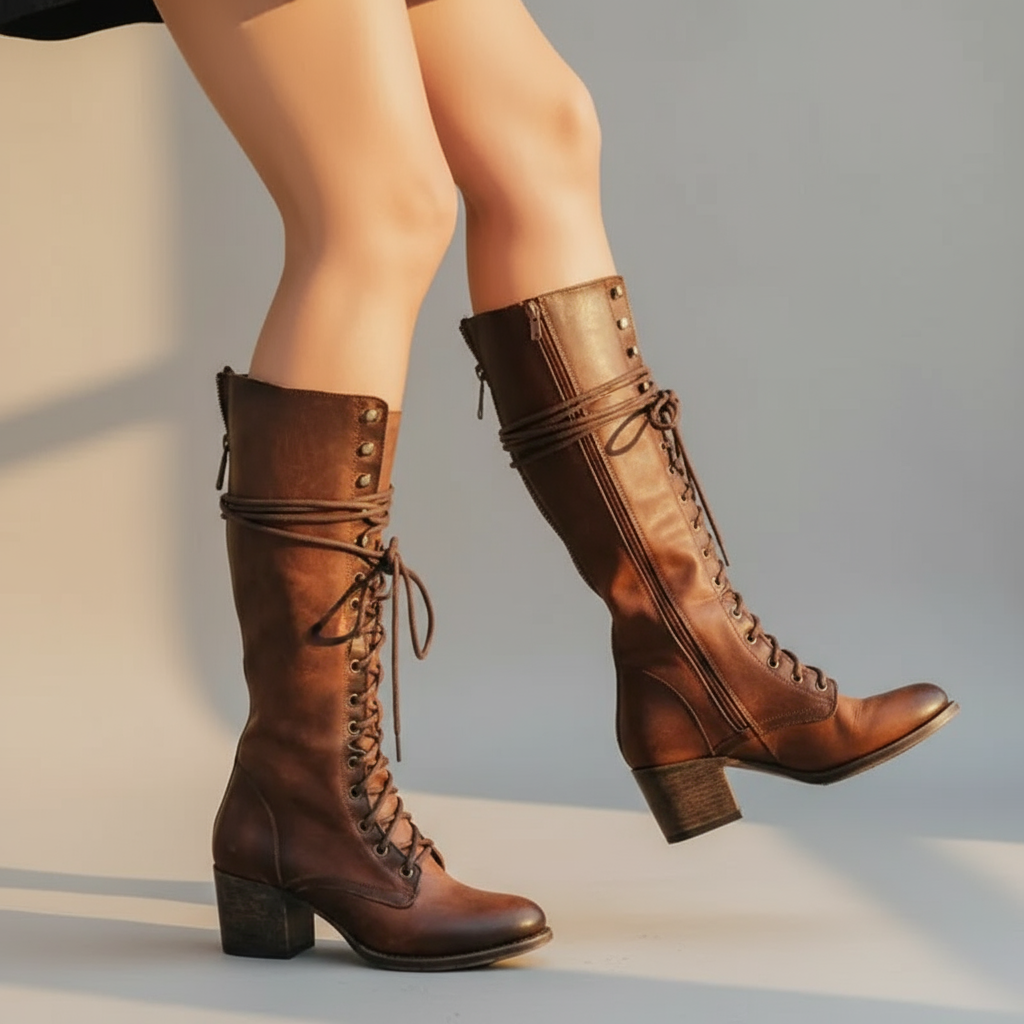 Women’s Lace-Up Knee High Boots with Chunky Heel - Side Zip Closure for Easy Wear and All-Day Comfort