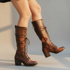 Women’s Lace-Up Knee High Boots with Chunky Heel - Side Zip Closure for Easy Wear and All-Day Comfort