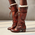 Women’s Lace-Up Knee High Boots with Chunky Heel - Side Zip Closure for Easy Wear and All-Day Comfort
